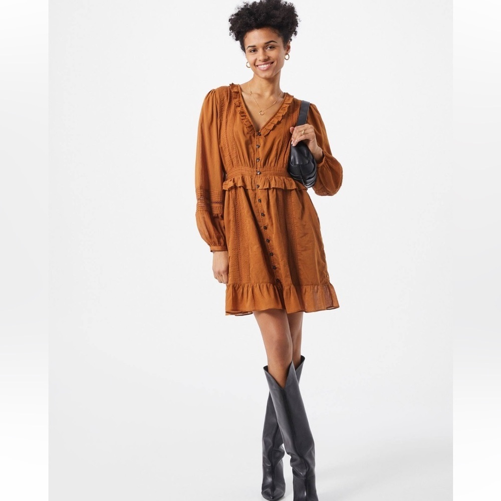 Scotch and Soda Ruffle Trim Organic Cotton Button Long Sleeve Dress Brown Medium